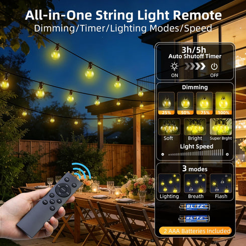 FUANXIEI 100FT G40 30M Bulbs 3 Dimmable Solar Lights Outdoor Waterproof: Shatterproof Patio Lights - Solar Powered