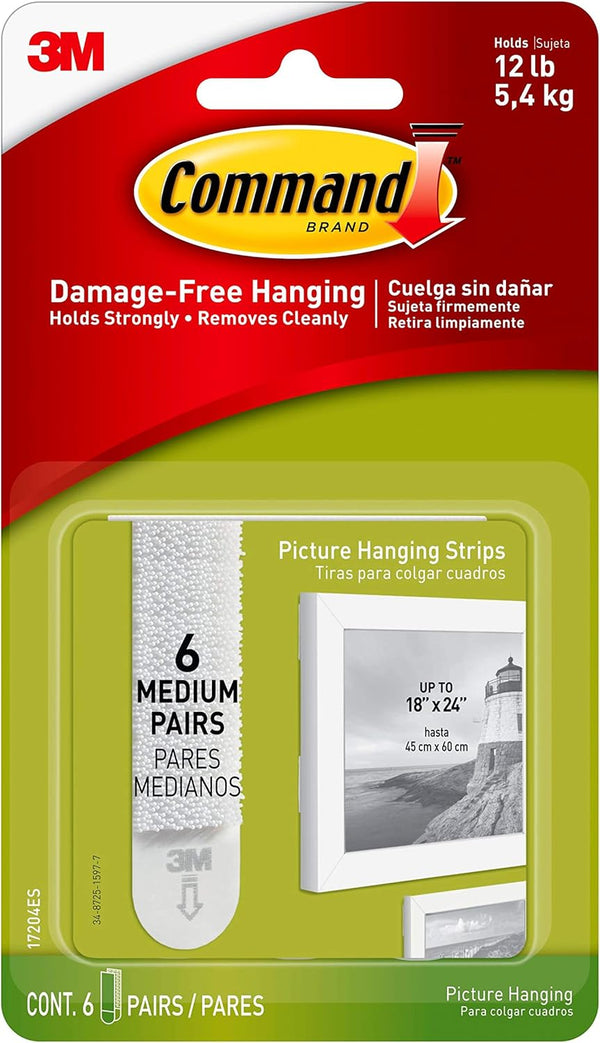 Command Medium Picture Hanging Strips, Damage Free Wall Hanging Strips, 6 White Pairs