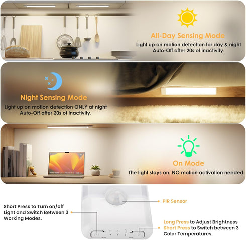 5-Pack 3 Dimmable Closet 11.8 inch Counter Motion Sensor Under Cabinet Light, Color Temperature Rechargeable Magnetic