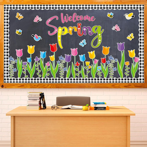Tulip Bulletin Board Set, Mother's Day Classroom Decorations with Floral Bee Birds Butterfly Paper-Cuts for Spring Decor