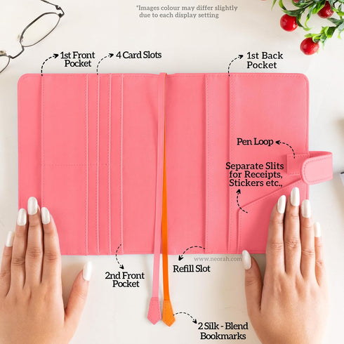 NEORAH B6 Notebook Sleeve with Loop + Dotgrid Journal, Faux Leather Sleeve with Penloop, 6 Card Slots, PINK