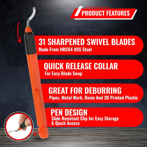 AFA Tooling - Deburring Tool with 31 High Speed Steel Swivel Blades - Works on Metal, Resin, PVC Pipes, Copper, Plastic and 3D Printed Edges - Plumbing & 3D Printing Burr Removal Reamer Tool