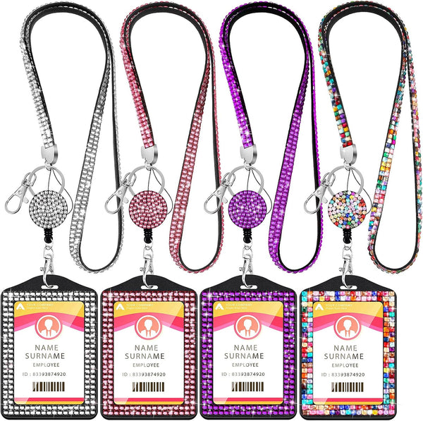 HUSUM 4 Sets Rhinestone Lanyard, Sparkling ID Card Holder, Crystal Retractable Badge Reel for Women, 4 Colors