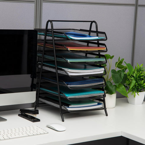 Mind Reader 7-Tier Paper Tray, Desktop Organizer for File Storage, Metal Mesh, 11.75" L x 13.75" W x 18" H, Black