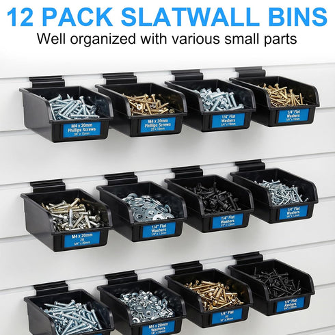 COMNICO 12 Pcs Slatwall Bins with Hooks, Plastic Slatwall Organizer Accessories Containers Workbench Bins for Slat Wall