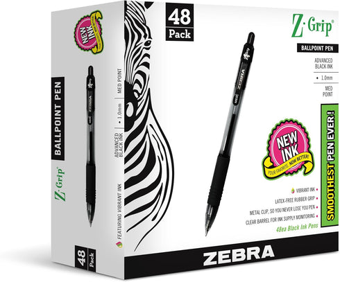 Zebra Pen Z-Grip Retractable Ballpoint Pen, Medium Point, 1.0mm, Black Ink, 48 Pieces, Model Number: 22148