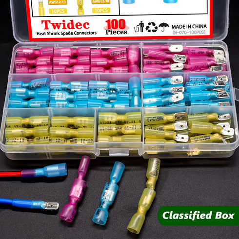 Twidec/100PCS Heat Shrink Spade Connectors Kit, 22-10 AWG Female and Male Spade Terminals
