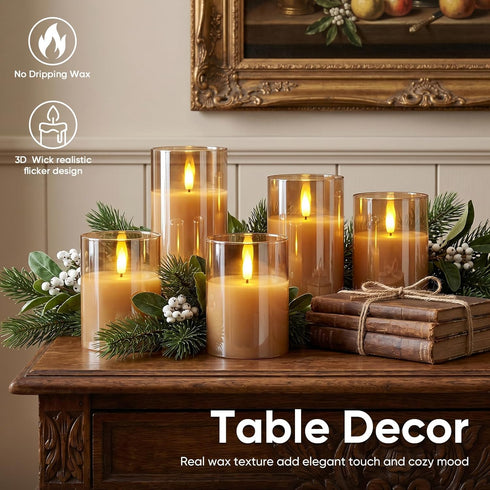 5plots 3D Set 3, D3 H4 5" 6" Glass Battery Operated Gold Flameless Candles with Remote Timer, Wick Real Wax Pillar Led