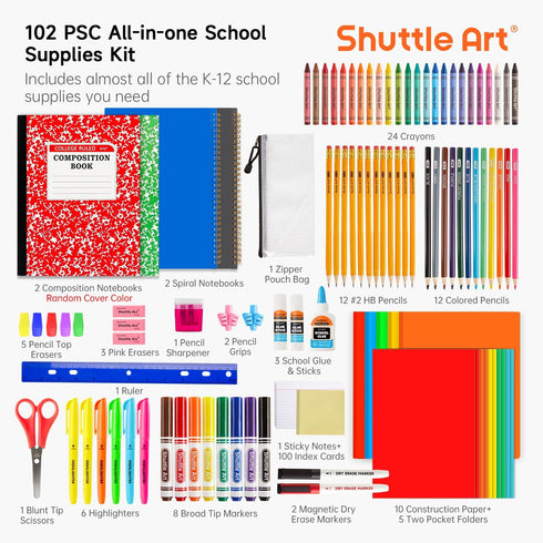 Shuttle Art 102 PCS Back to School Supplies Kit, School Supply Box for Grades K-5, Kids Supplies