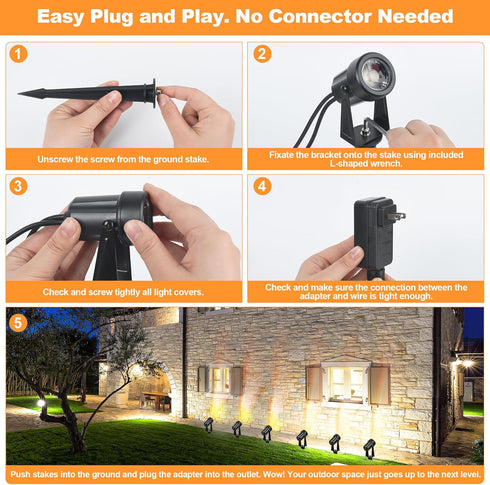 NEWKAZ 65.6FT IP65 18W 1800LM 3000K, Pack 6 Outdoor Landscape lighting Low Voltage, Wired LED Spot light with Plug