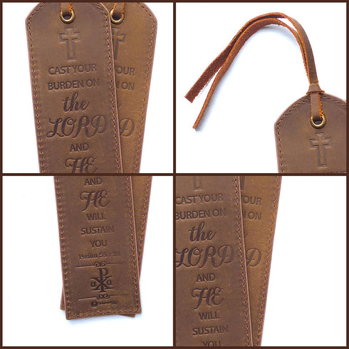 Leather Bible Bookmarks, 2 Inspirational Christian Bookmarks with Psalm 55:22, Perfect Gifts for Readers