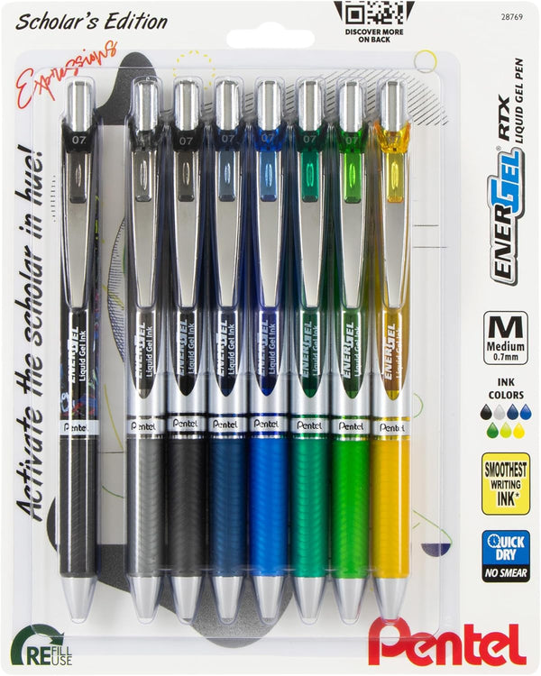EnerGel RTX Retractable Liquid Gel Pen, Scholar Expressions Pack, 0.7mm Metal Tip, Assorted Ink, Pack of 8 Pens