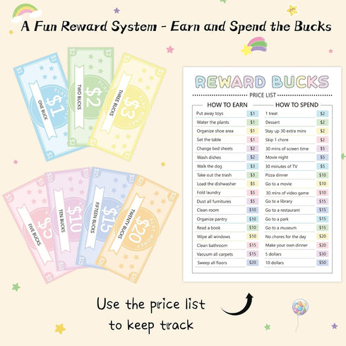 633pcs COcnny Kids Reward Bucks Charts, Good Behavior Reward System Bucks List, Prop Play Bucks Routine Chart