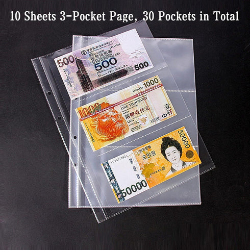 Ettonsun 10 Sheets 30 Pockets Paper Money Collection Pages, Currency Sleeves for Travel Bill Banknote Stamp Storage