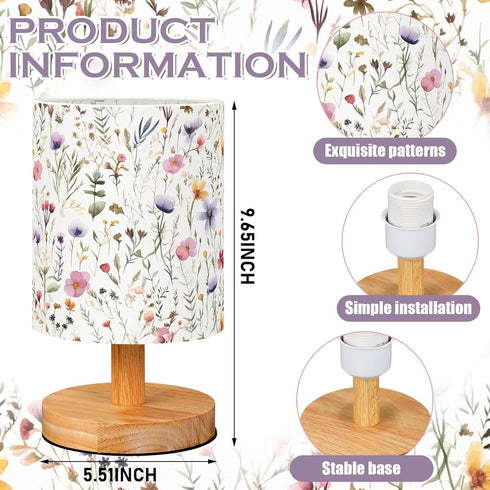 VIHOSE Wildflower Kids Table Lamp for Bedroom Kids Bedside Lamp with Linen Wooden Nightstand Cartoon Nursery Lampshade