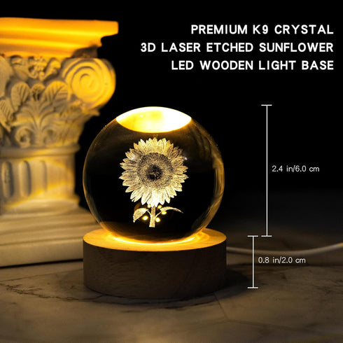 3D Laser Etched Sunflower Crystal Ball, Sunflower Decor Glass Sphere Lamp Night Light, Crystal Flower Figurines