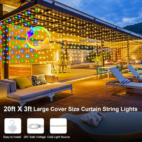 20Ft3Ft, 300 ZAIYW Curtain Lights Outdoor LED Color Changing Fence String Lights with Plug Remote, Waterproof Light