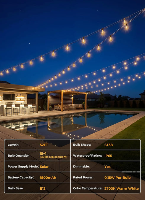 52FT 15+1 Bulbs, Dimmable 3 Brightown Solar String Lights Outdoor Waterproof, Patio Lights with Remote and LED