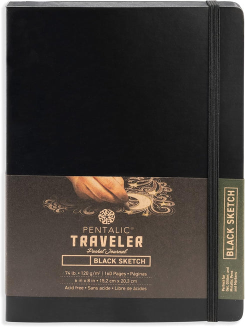 Pentalic Traveler Midnight Sketch Journal, Black Paper, 160 Pages, 6" x 8"