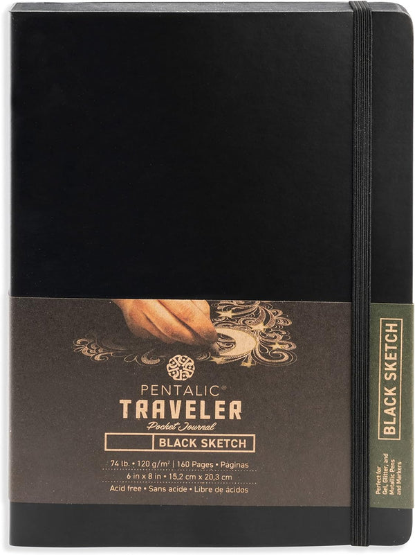 Pentalic Traveler Midnight Sketch Journal, Black Paper, 160 Pages, 6" x 8"