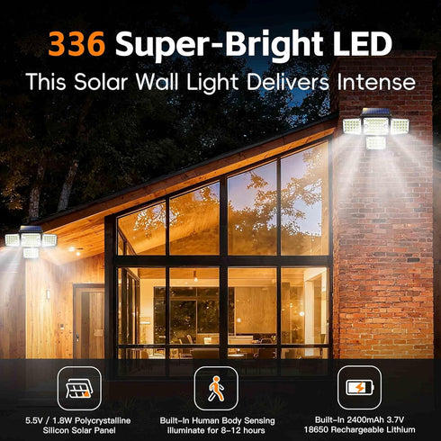 336 4-Head 2400mAh IP65 Lighting2Pack Solar Lights Outdoor LED, Motion Sensor Security Wall Light with Remote, Split
