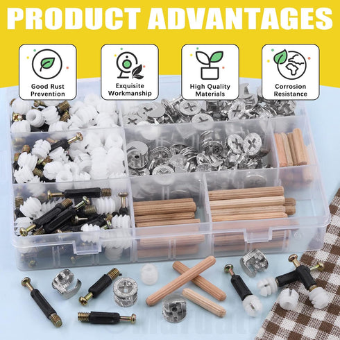 270Pcs 3 in 1 Furniture Connecting Kit with Wood Dowel Pins, Nickel Plated Cam Lock Nuts, Screws, Bolts
