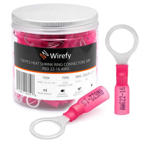 Wirefy 150 PCS Heat Shrink Ring Terminals 3/8" - Red Eyelet Wire Connectors for 22-16 AWG