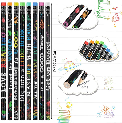 Pasimy 600 Pcs Reading Motivational Pencils, Bulk Black Novelty Wooden Pencils with Eraser for Classroom