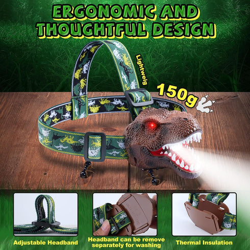 Kids Dinosaur Headlamp Flashlight - Rechargeable LED Headlights with Roar & Silent Mode, T-Rex Toys