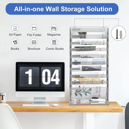 EasyPAG Mesh Wall File Holder, 11 Tier Office Hanging File Organizer, Silver Magazine Mails Rack for Papers and