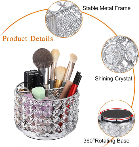 Hipiwe 360 4-Slot Crystal Vanity Organizer Makeup Brush Holder- Rotating Cosmetic Brushes Display Organizers Spinning