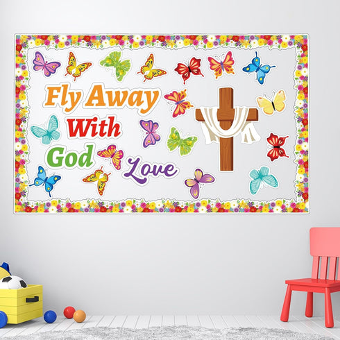 Jesus Bulletin Board Decorations - Christian Religious Set with Fly Away with God Cross Cutouts