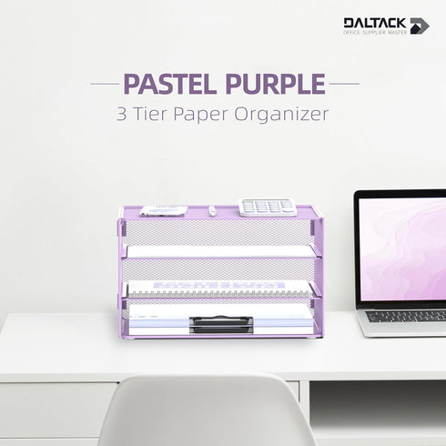 DALTACK 3 Tier Mesh Metal Letter Tray Paper Organizer for Home & Office, Light Purple