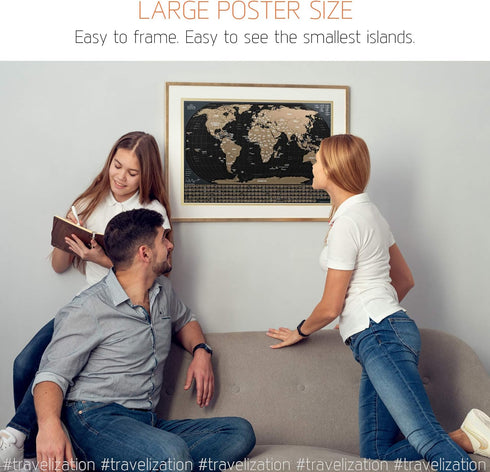 Scratch Off World Map with 196 Country Flags, 24" x 17" Frameable Travel Map, Black