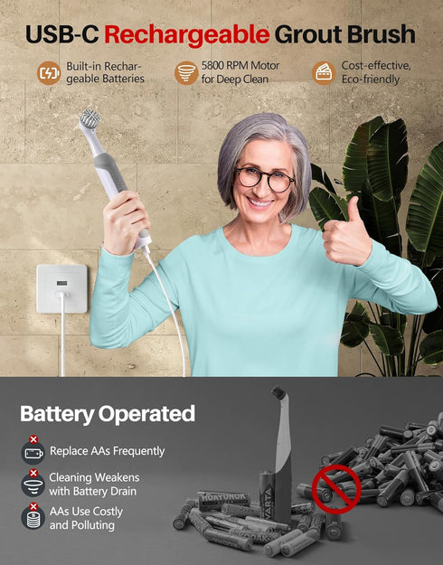 KH6A IPX7 5 kHelfer Rechargeable Electric Grout Brush with Built-in Battery, Upgraded Stainless Steel Wire Power Brush