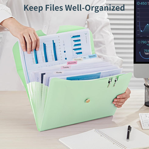 JARLINK 7 Pockets Expanding File Folder - A4 Size Accordion File Folders - Portable Document Organizer - Macaron Green