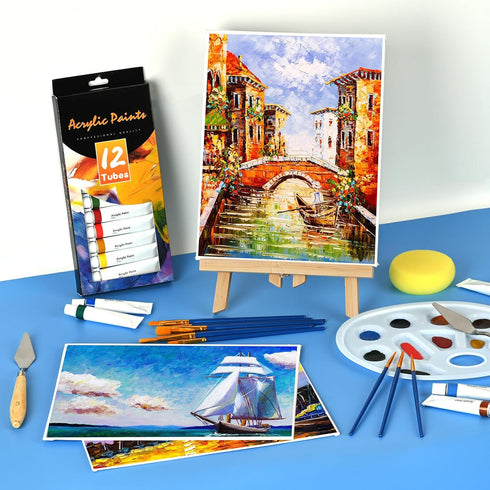 Painting Kits for Adults, 30 Pcs Acrylic Paint Canvas Easel Set with Wood Easel, Paints, Brushes, Palettes for Beginners