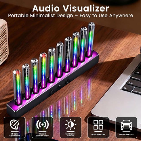 (E2-Rechargeable) Audio Visualizer Gadget Rechargeable RGB Sound Activated Light Bar, Music Spectrum Analyzer Display