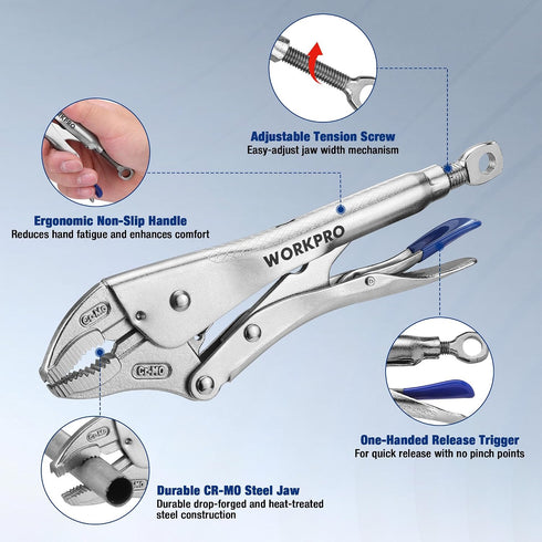 2-Piece Set, 6.5 Inch 10 Inch WORKPRO Locking Pliers Long Nose & Curved Jaw, CR-MO Steel Construction with Adjustable