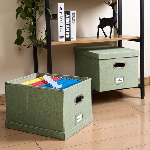 PRANDOM File Organizer Box - Set of 4 Collapsible Decorative Linen Filing Storage Hanging File Folders Green
