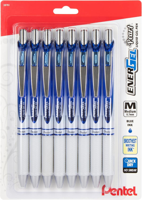 EnerGel Pearl Retractable Liquid Gel Pen, 0.7mm Medium Line, Blue Ink, 8-Pk (BL77PWBP8C)