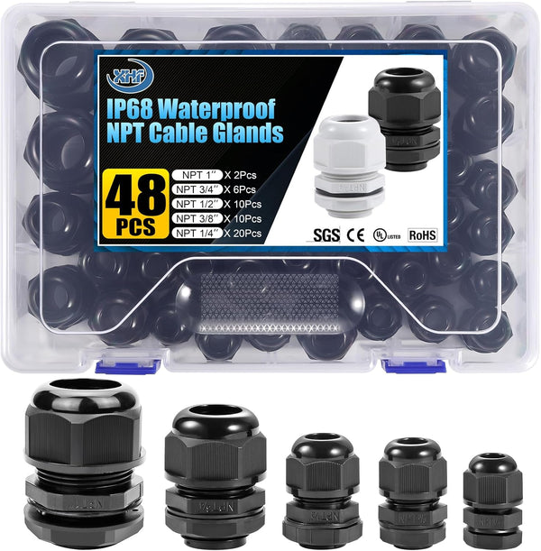 XHF IP68 Nylon Waterproof NPT Cable Glands Assortment, 48pcs UL Listed Cord Grip Compliant Strain Relief Black