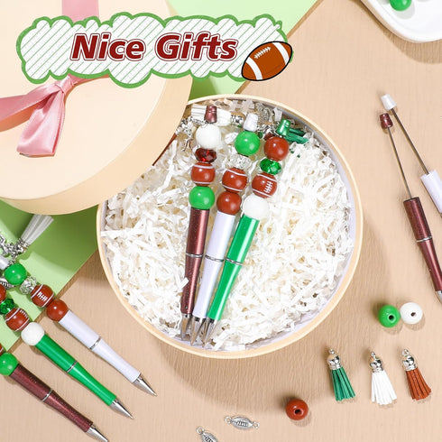 NEWEST 12 Pieces Sports Beadable Pens, Plastic Football Bead Pens, 48 Beads, 12 Tassels, 12 Pendants, DIY Making Kit