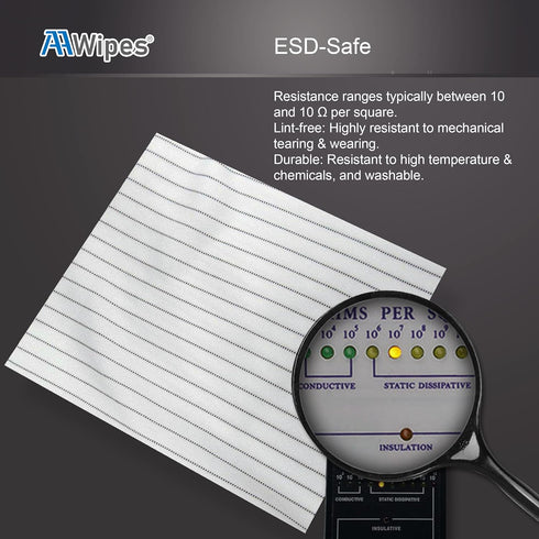 AAWipes ESD-Safe Wipes (9"x9", 100 pcs) - Lint-Free Cleanroom Cloth Wipers, Polyester-Carbon Blend