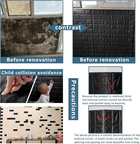 10 PCS Black 3D Wall Panels - 14.5 sq.feet Coverage, Self-Adhesive Waterproof Brick PE Foam Panels for Interior Wall