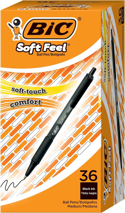 BIC Soft Feel Black Retractable Ballpoint Pens, Medium Point (1.0mm), 36-Count Pack with Comfort Grip