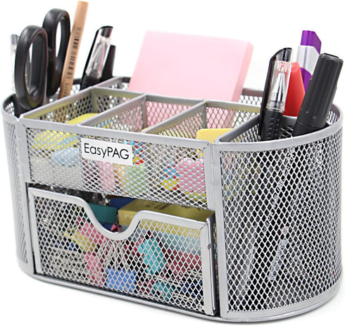 EasyPAG Mesh Desktop Organizer, Multi-functional Caddy with Drawer, Silver