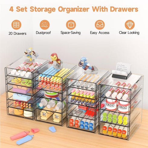 Makeup Drawer Storage Organizer with 20 Drawers, 4 Set Acrylic Desk Organization, Dustproof for Makeup, Jewelry