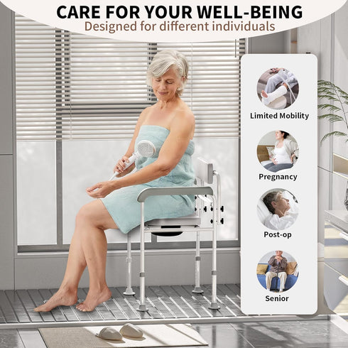 SeatYuPro Commode Adjustable Medical Bedside Chair with Padded Backrest, Drop Arm Support, Height Adjustable White