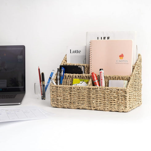 KOLWOVEN Sea Grass Magazine Display Holder, Mail Organizer Countertop, Bill Sorter, File Organizer for Desk and Home